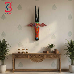KB ART 18 Inch Handcrafted Wooden Cow Head Wall Hanging Coral Red Black Horns Grand Kamdhenu Wall Sculpture