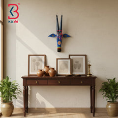 18 Inch Handcrafted Wooden Cow Head Wall Hanging Royal Blue Black Horns Grand Kamdhenu Wall Sculpture | Handcrafted by KB ART, Jodhpur