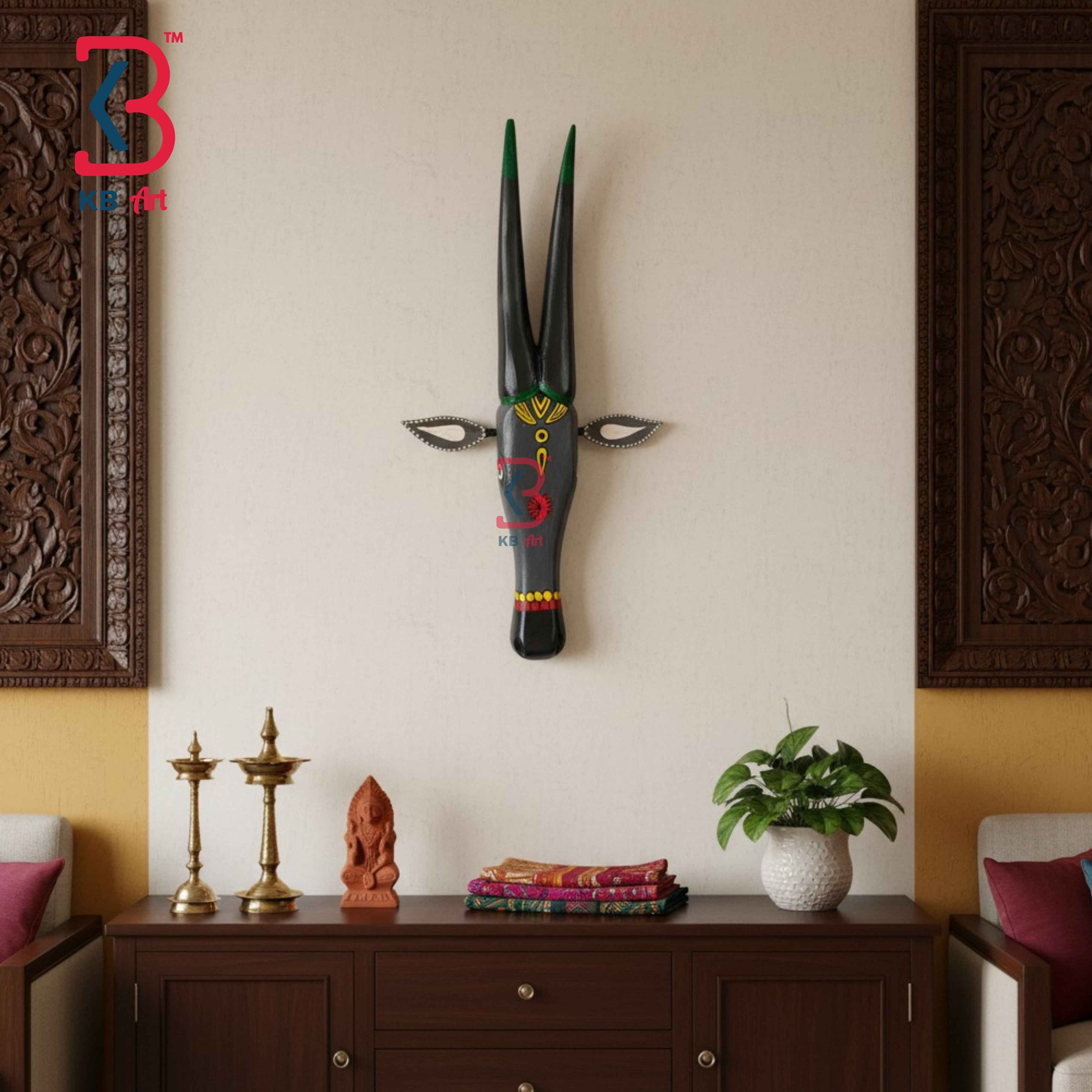 KB ART 18 Inch Handcrafted Wooden Cow Head Wall Hanging Slate Grey Green Tipped Horns Grand Kamdhenu Wall Sculpture