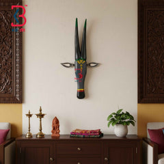 KB ART 18 Inch Handcrafted Wooden Cow Head Wall Hanging Slate Grey Green Tipped Horns Grand Kamdhenu Wall Sculpture