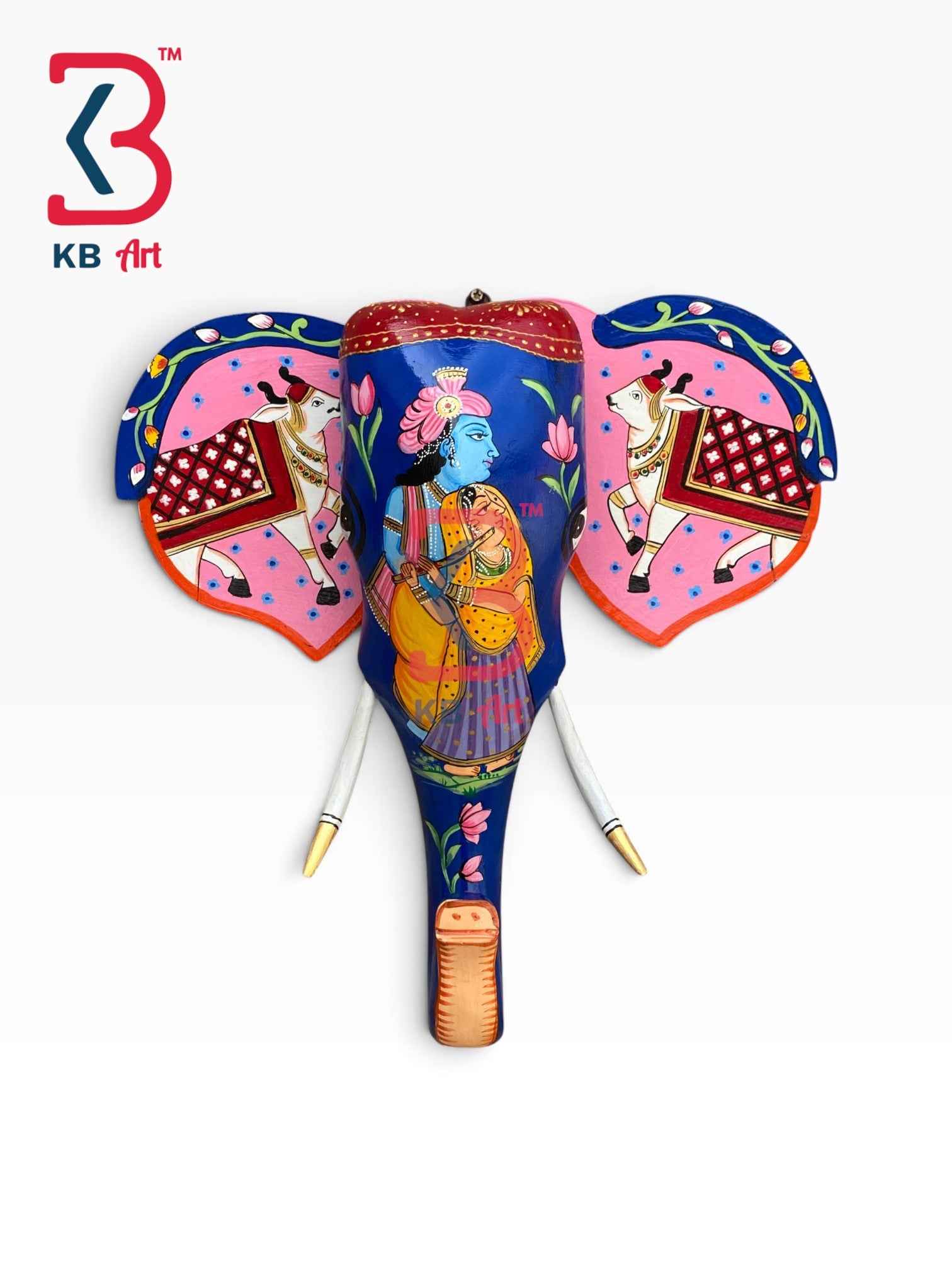 KB ART 18 Inch Handcrafted Wooden Elephant Head Wall Hanging Royal Blue Radha Krishna Kamdhenu Ears Grand Wall Decor