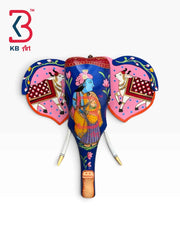 KB ART 18 Inch Handcrafted Wooden Elephant Head Wall Hanging Royal Blue Radha Krishna Kamdhenu Ears Grand Wall Decor