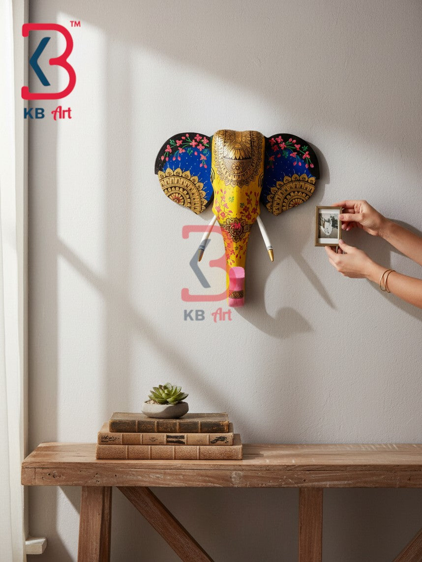 18 Inch Handcrafted Wooden Elephant Head Wall Hanging Mustard Yellow Blue Mandala Grand Wall Decor | Handcrafted by KB ART, Jodhpur