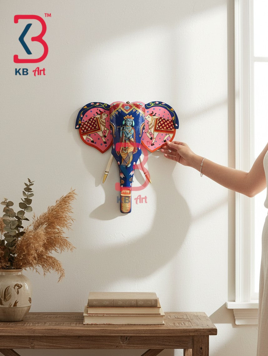 18 Inch Handcrafted Wooden Elephant Head Wall Hanging Royal Blue Lord Krishna Kamdhenu Grand Wall Decor | Handcrafted by KB ART, Jodhpur