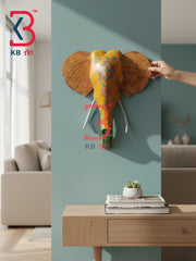 18 Inch Handcrafted Wooden Elephant Head Wall Hanging Mustard Yellow Wood Grain Ears Grand Wall Decor | Handcrafted by KB ART, Jodhpur