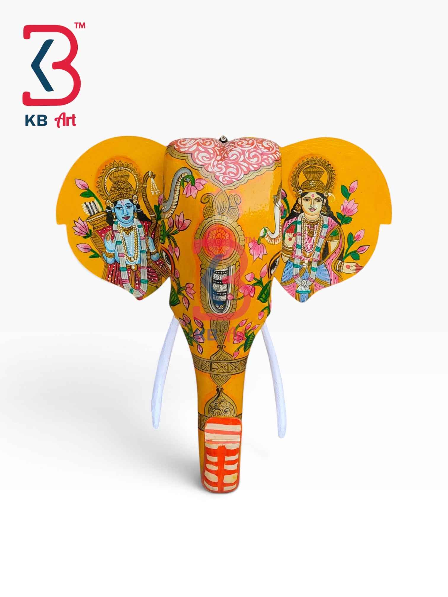 KB ART 18 Inch Handcrafted Wooden Elephant Head Wall Hanging Golden Yellow Lord Ram Sita Darbar Grand Wall Decor