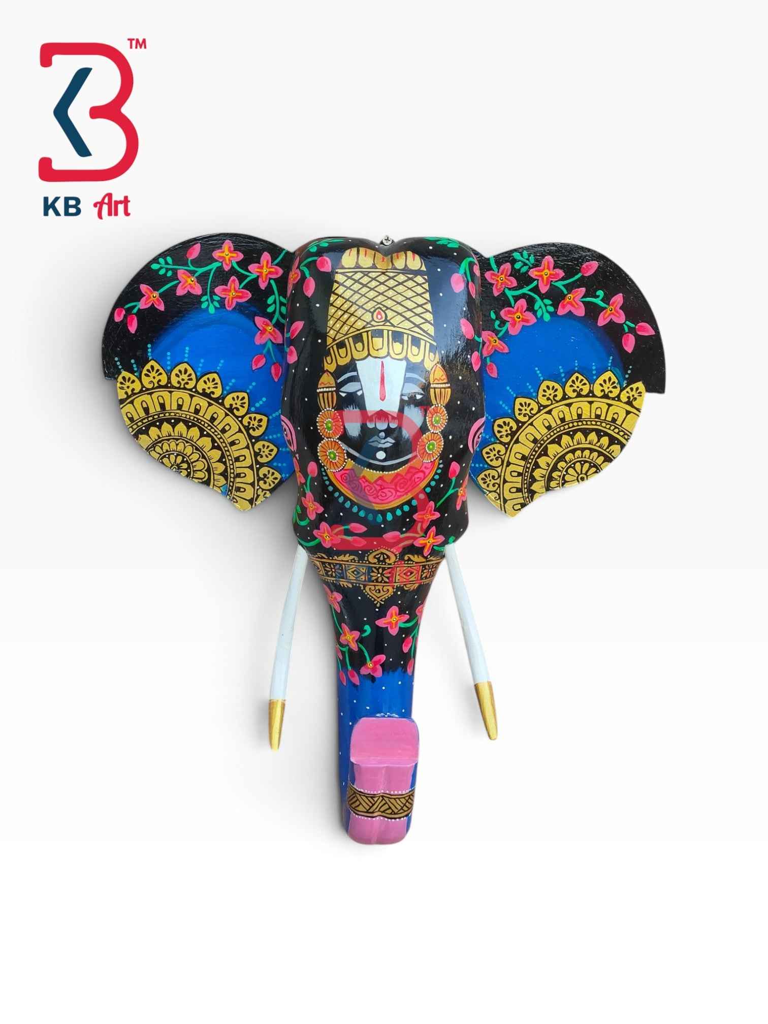 KB ART 18 Inch Handcrafted Wooden Elephant Head Wall Hanging Midnight Black Lord Tirupati Balaji Grand Wall Decor