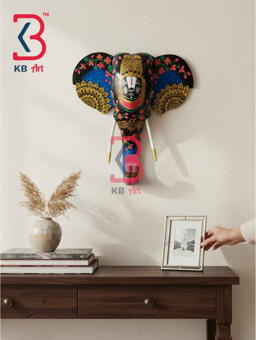 KB ART 18 Inch Handcrafted Wooden Elephant Head Wall Hanging Midnight Black Lord Tirupati Balaji Grand Wall Decor