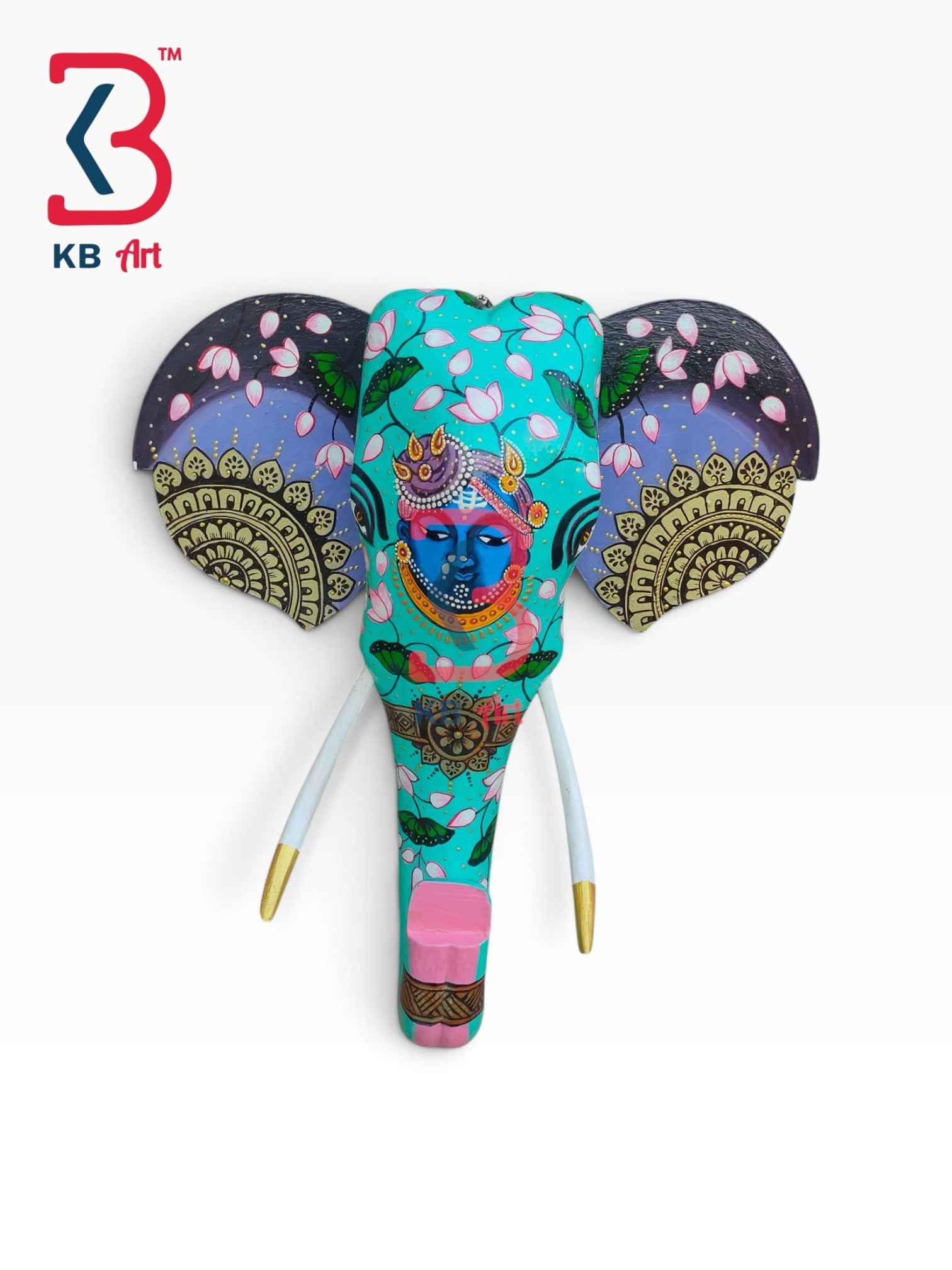 KB ART 18 Inch Handcrafted Wooden Elephant Head Wall Hanging Mint Turquoise Lord Shrinathji Lotus Grand Wall Decor