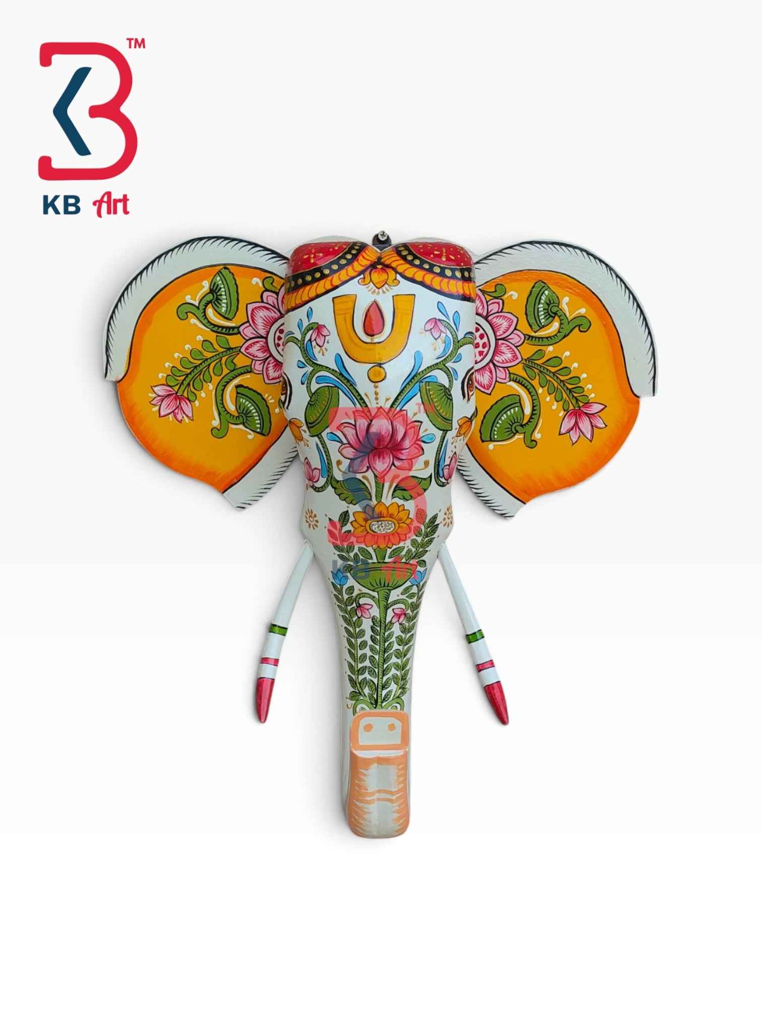 KB ART 18 Inch Handcrafted Wooden Elephant Head Wall Hanging Antique White Vaishnav Tilak Lotus Grand Wall Decor