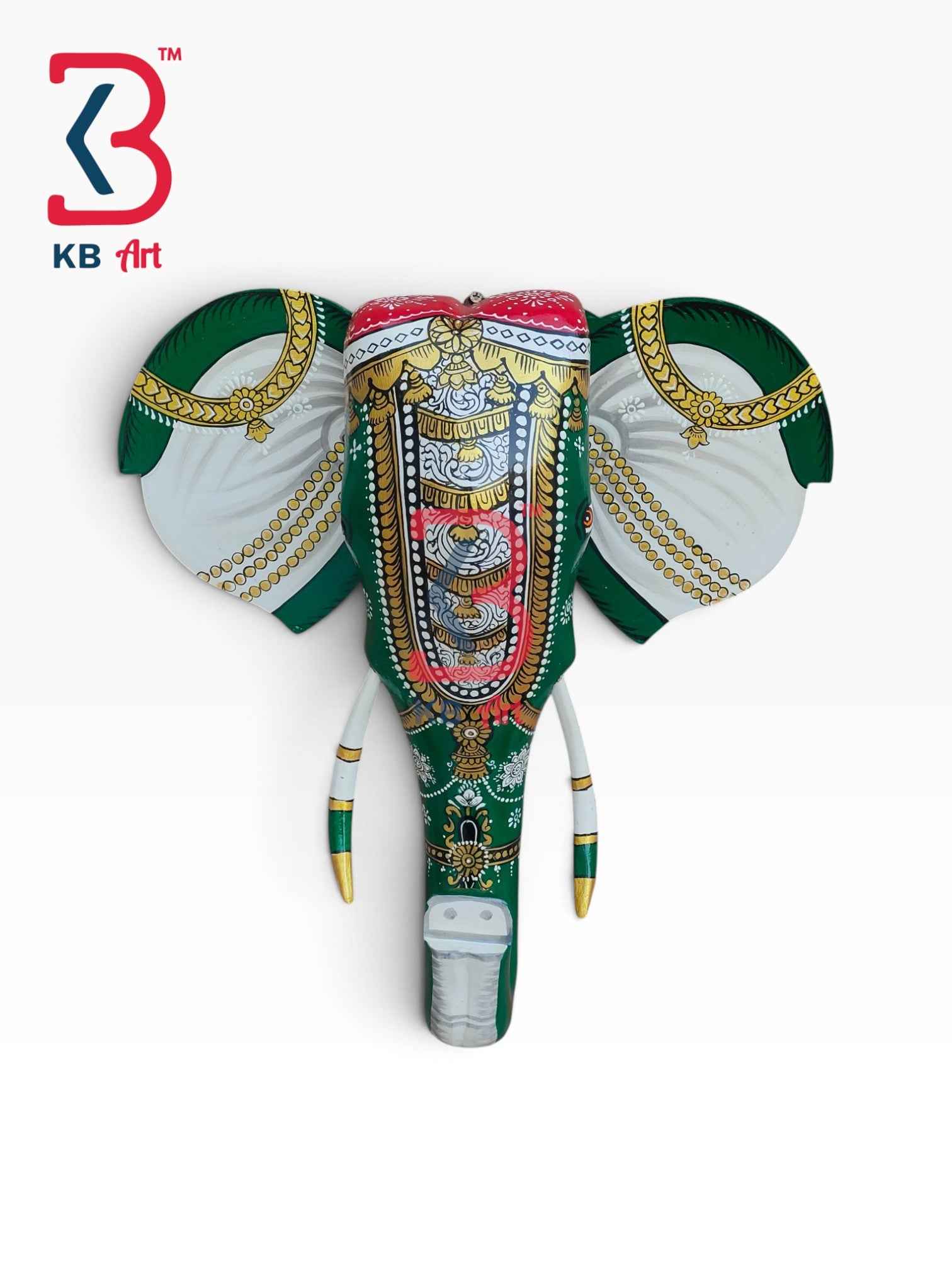 KB ART 18 Inch Handcrafted Wooden Elephant Head Wall Hanging Forest Green Royal Howdah Shringar Grand Wall Decor