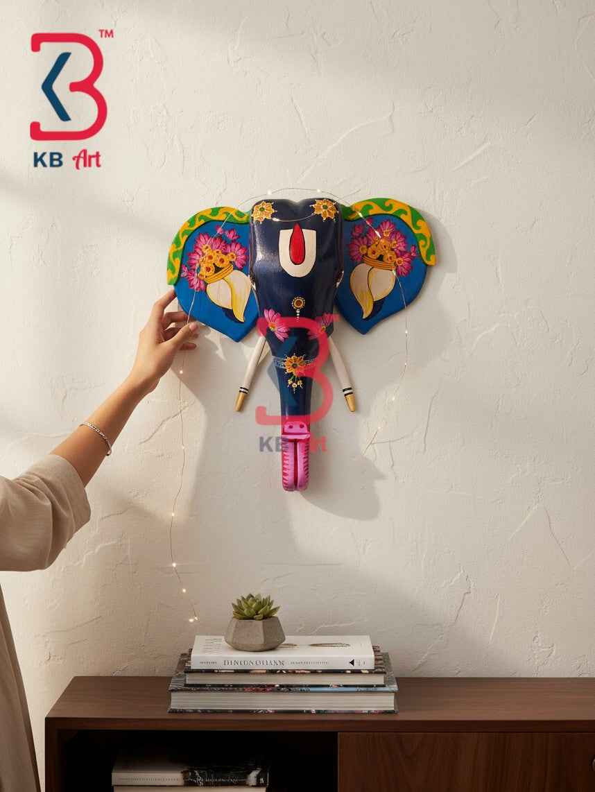 KB ART 18 Inch Handcrafted Wooden Elephant Head Wall Hanging Midnight Black Sacred Shankh Tilak Grand Wall Decor