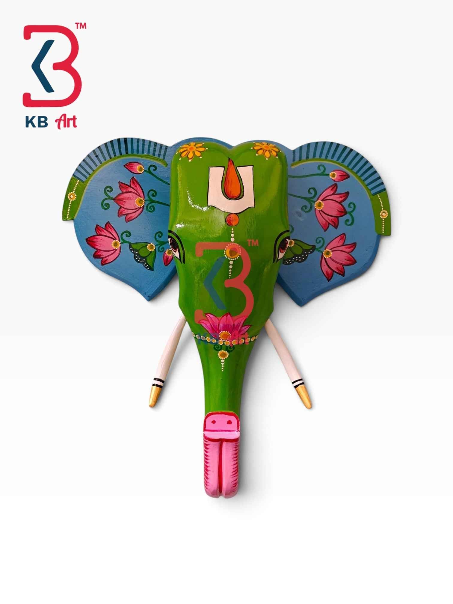 KB ART 18 Inch Handcrafted Wooden Elephant Head Wall Hanging Parrot Green Blue Ears Lotus Grand Wall Decor
