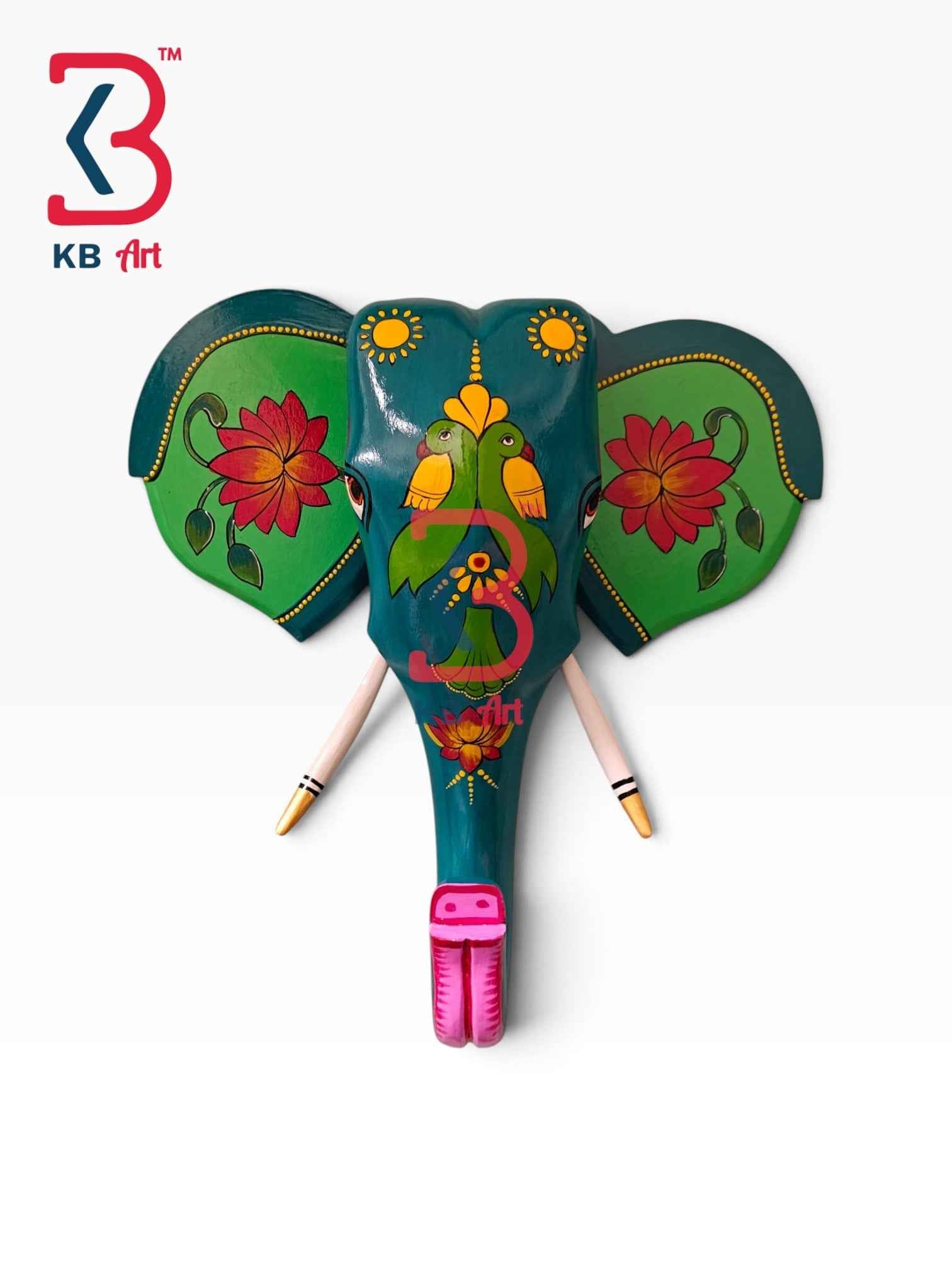KB ART 18 Inch Handcrafted Wooden Elephant Head Wall Hanging Peacock Teal Twin Parrots Grand Wall Decor