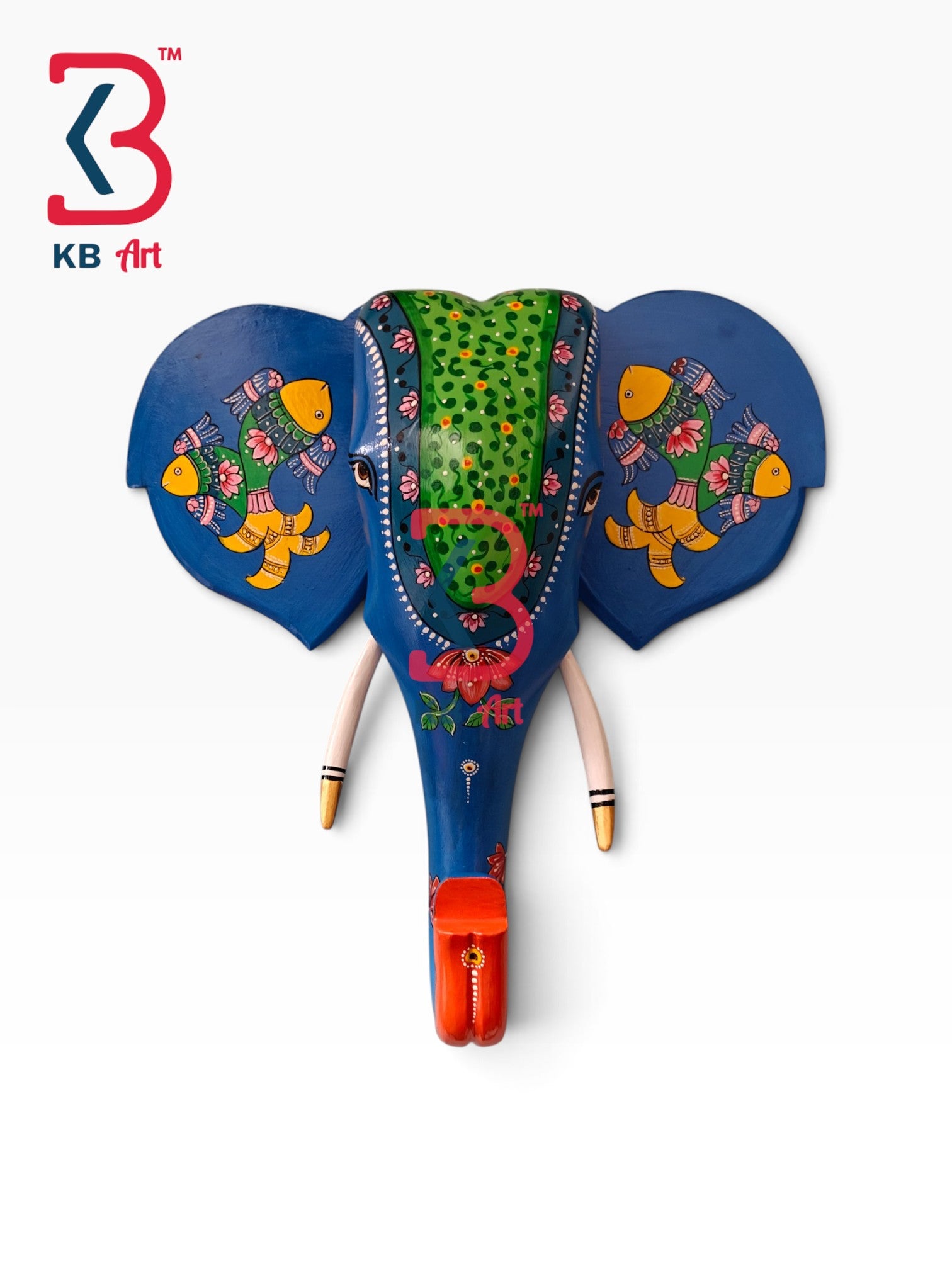 18-inch elephant head wall hanging – artisan painted wooden elephant head wall mount figurine | KB ART, Jodhpur Rajasthan
