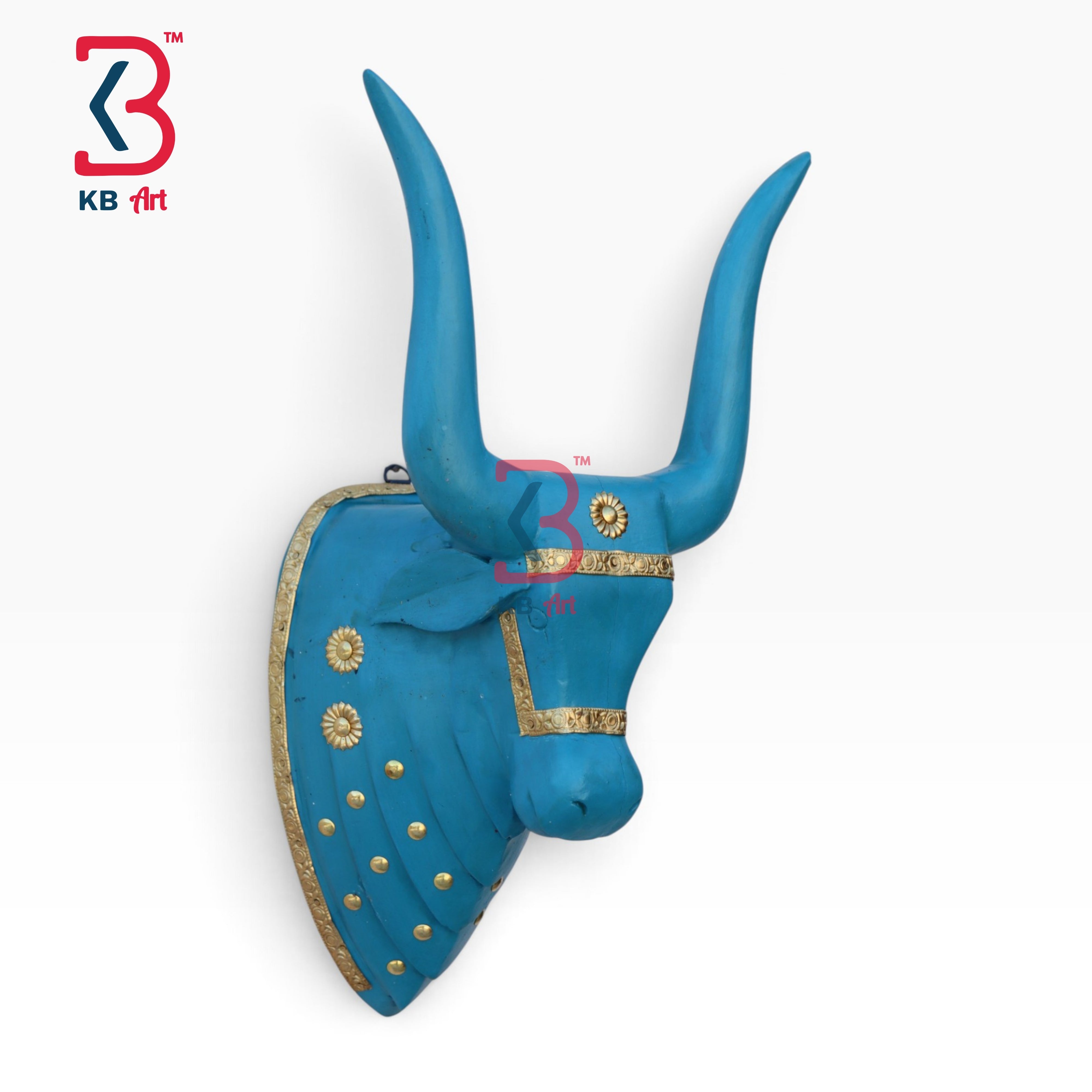 18-inch bull head wall plaque – handcrafted wooden carved 18 inch bull head wall decor blue colour | KB ART, Jodhpur Rajasthan