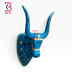 18-inch bull head wall plaque – solid wood 18 inch nandi bull head wall mount decor turqoise colour | KB ART, Jodhpur Rajasthan
