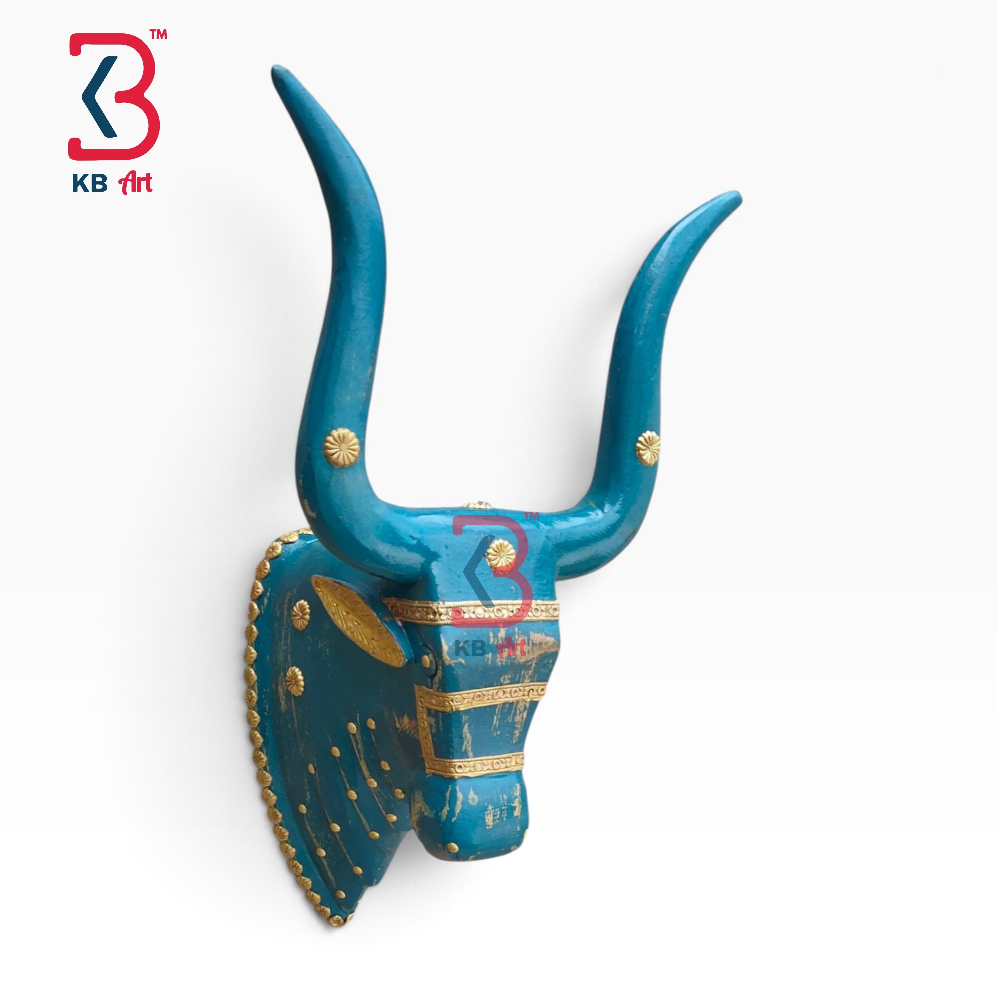 18-inch bull head wall plaque – rustic hand carved 18 inch wood turqoise bull head wall accent | KB ART, Jodhpur Rajasthan