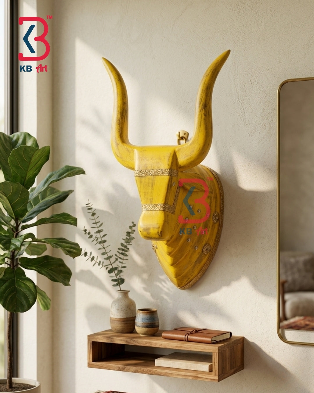 18 Inch Handcrafted Wooden Nandi Bull Head Wall Plaque Mustard Yellow Brass Embossed Sacred Wall Sculpture | Handcrafted by KB ART, Jodhpur