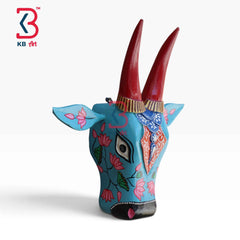 KB ART 16 Inch Handcrafted Wooden Cow Head Wall Hanging Sky Blue Crimson Horns Lotus Vines Sacred Wall Sculpture