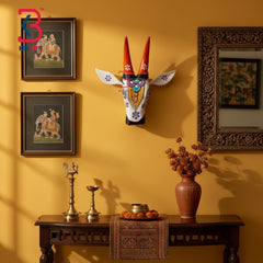 16 Inch Handcrafted Wooden Cow Head Wall Hanging Antique White Orange Horns Purple Rosettes Sacred Wall Sculpture | Handcrafted by KB ART, Jodhpur