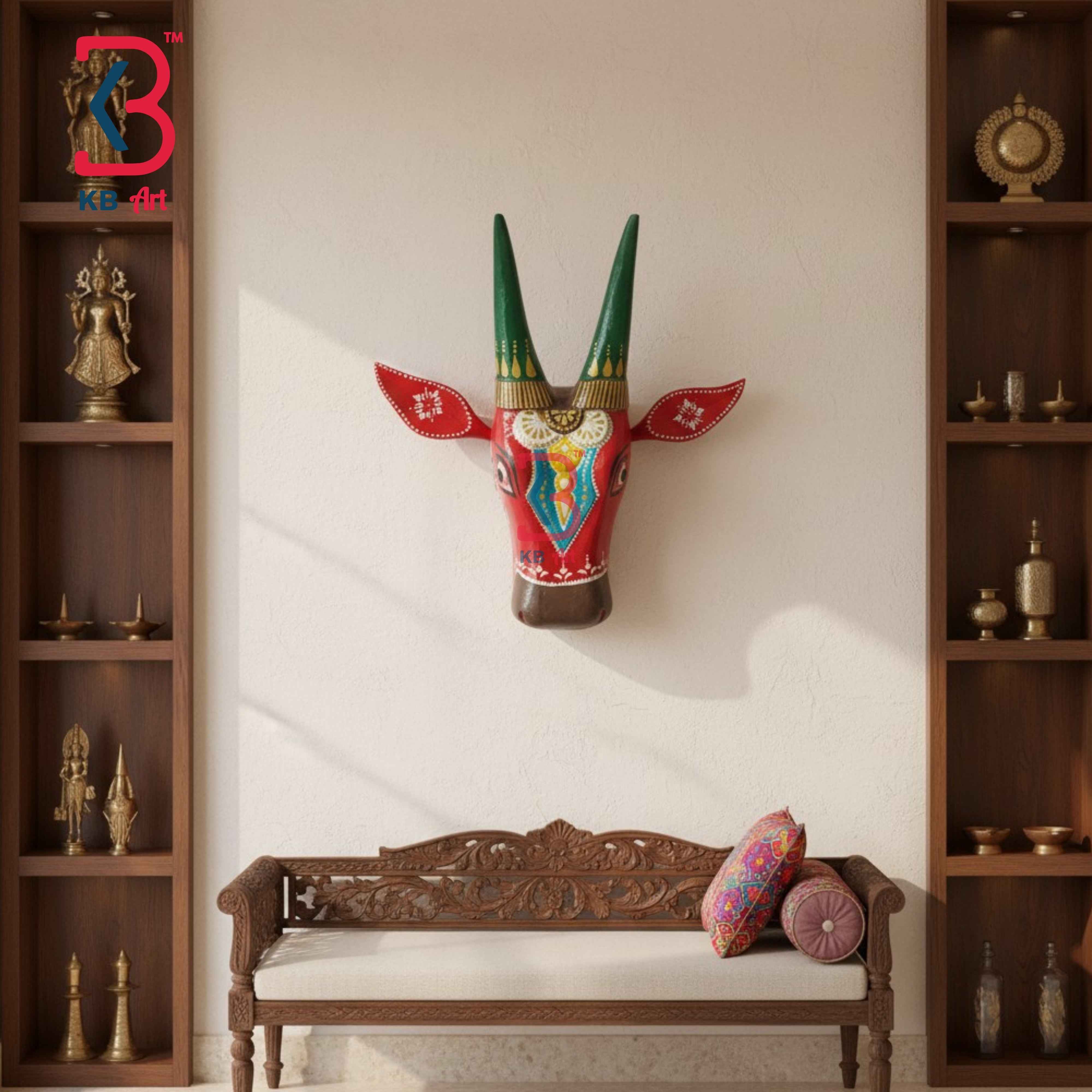 KB ART 16 Inch Handcrafted Wooden Cow Head Wall Hanging Crimson Red Green Horns Gold Fluting Sacred Wall Sculpture