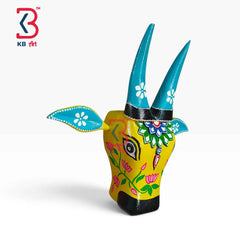 KB ART 16 Inch Handcrafted Wooden Cow Head Wall Hanging Mustard Yellow Cyan Horns Lotus Vines Sacred Wall Sculpture