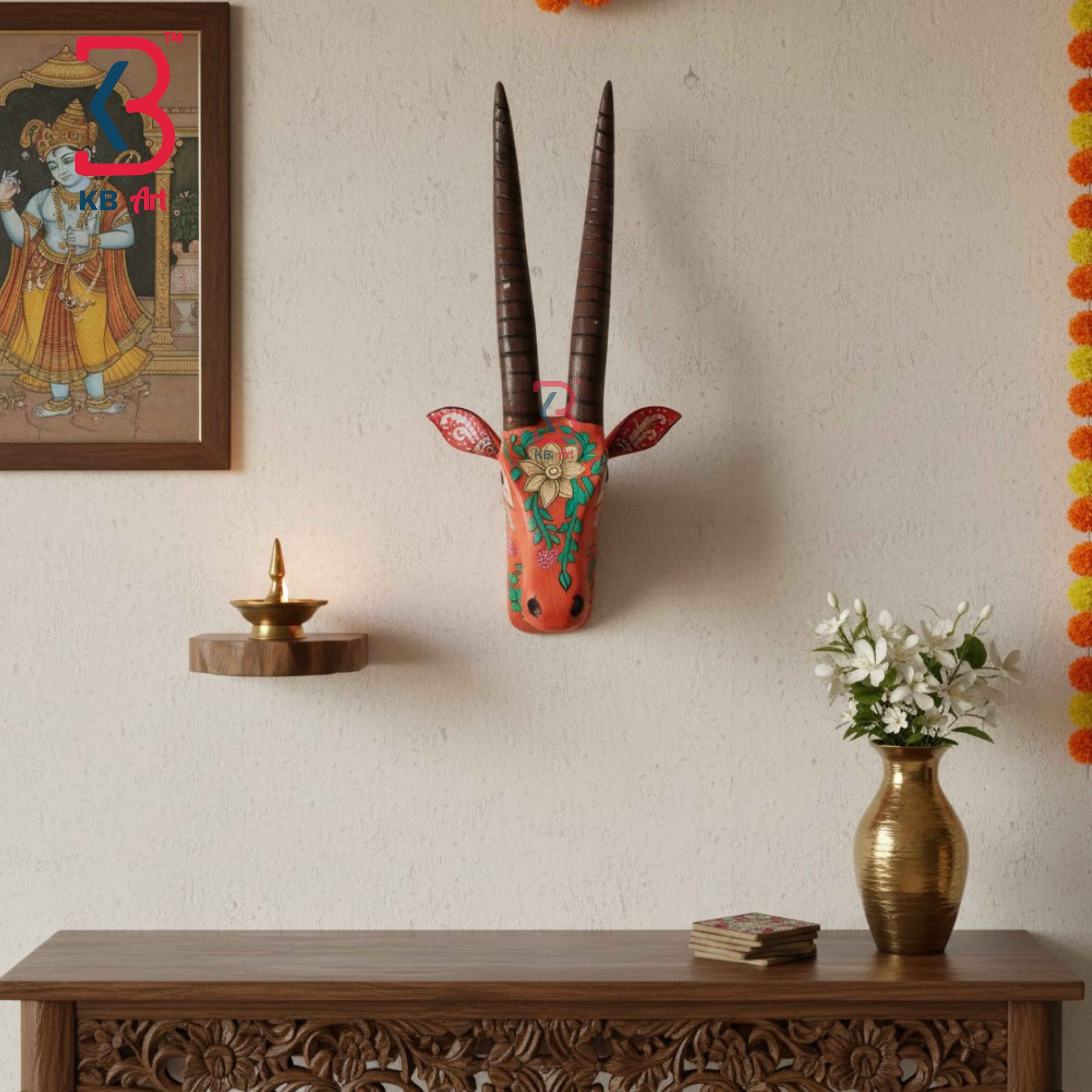 KB ART 18 Inch Handcrafted Wooden Deer Head Wall Hanging Coral Terracotta Spiral Horns Grand Wall Decor
