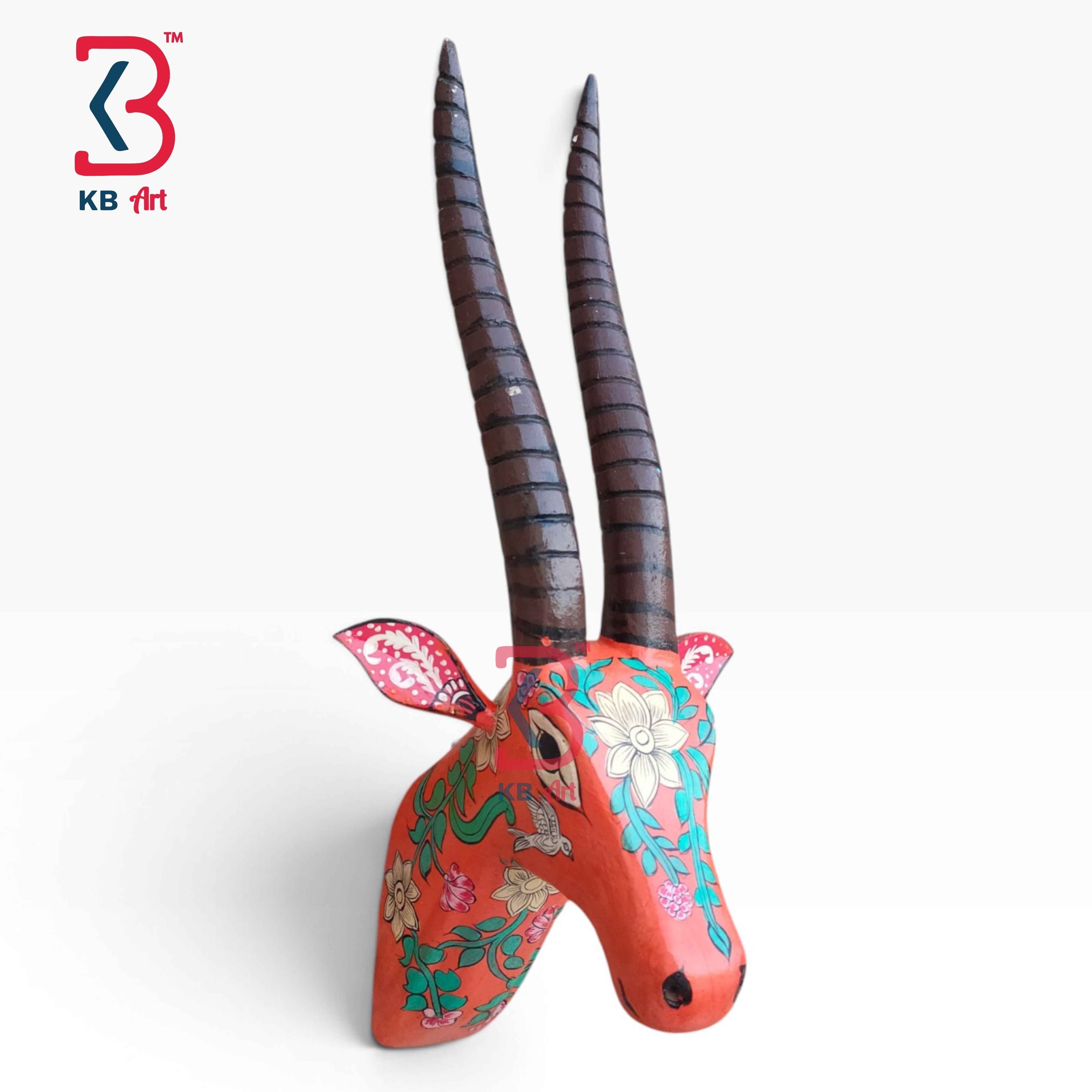 KB ART 18 Inch Handcrafted Wooden Deer Head Wall Hanging Coral Terracotta Spiral Horns Grand Wall Decor