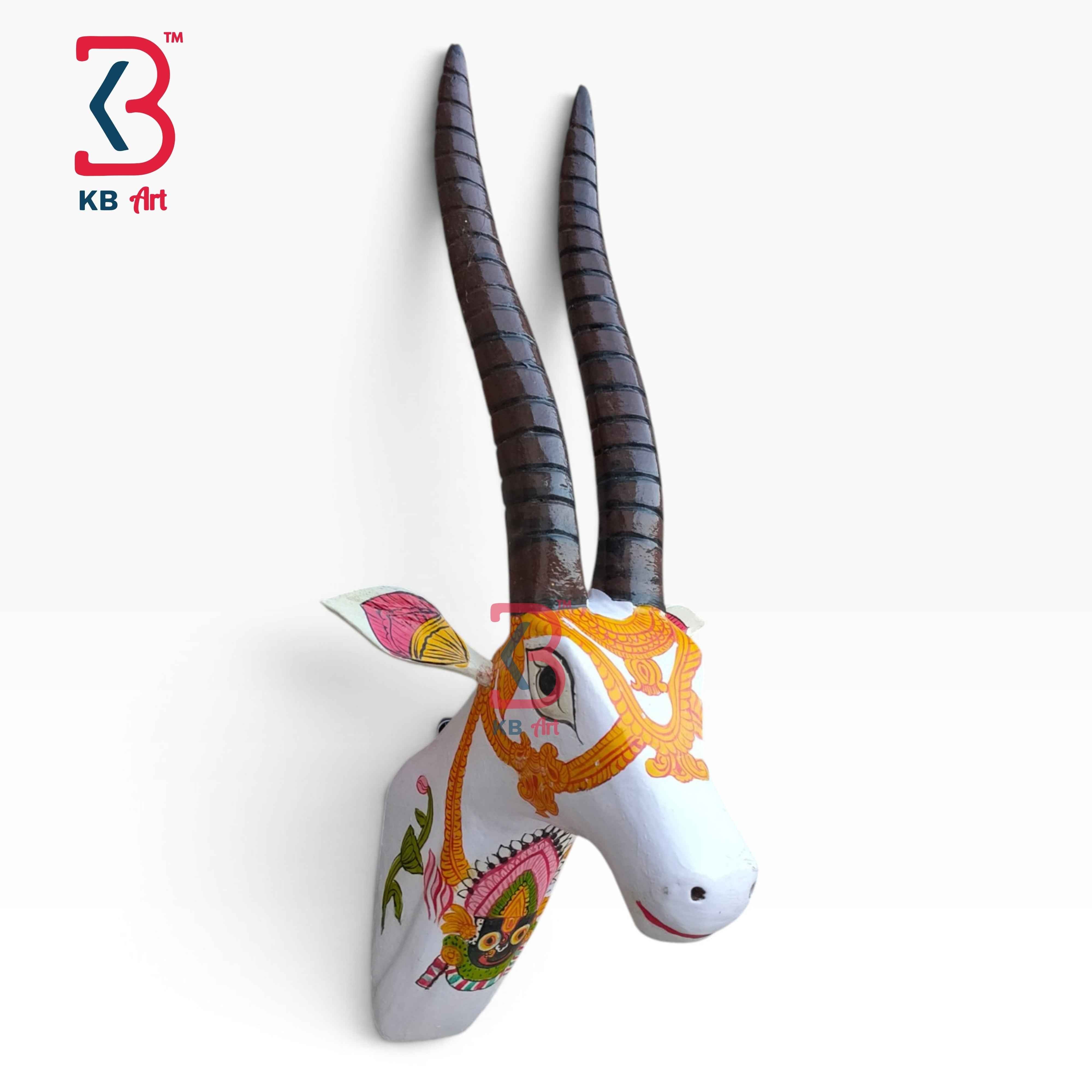 KB ART 18 Inch Handcrafted Wooden Deer Head Wall Hanging Antique White Gold Shringar Spiral Horns Wall Decor