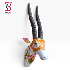 KB ART 18 Inch Handcrafted Wooden Deer Head Wall Hanging Antique White Gold Shringar Spiral Horns Wall Decor