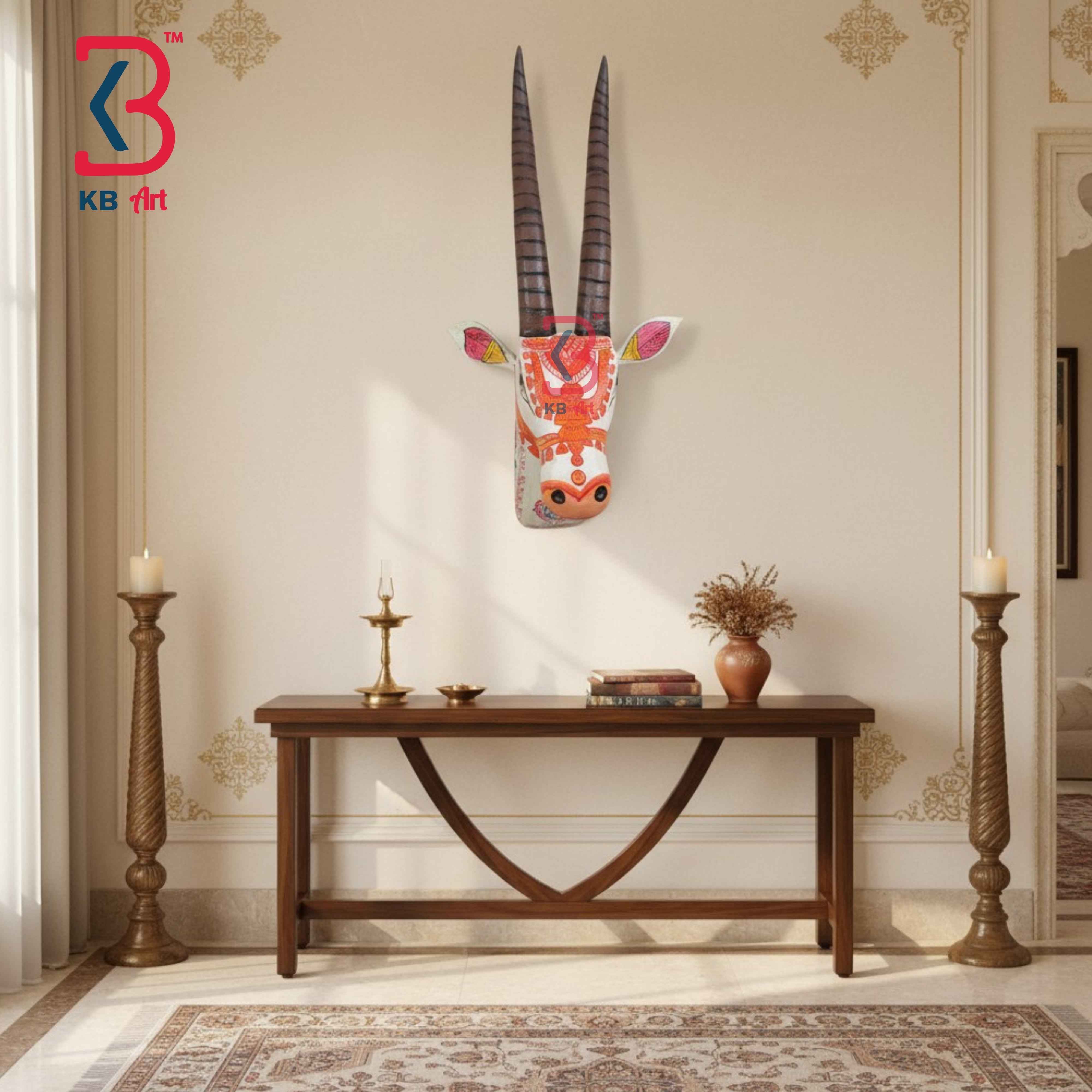 KB ART 18 Inch Handcrafted Wooden Deer Head Wall Hanging Antique White Coral Shringar Spiral Horns Wall Decor