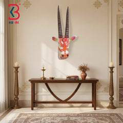 KB ART 18 Inch Handcrafted Wooden Deer Head Wall Hanging Antique White Coral Shringar Spiral Horns Wall Decor