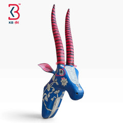 KB ART 18 Inch Handcrafted Wooden Deer Head Wall Hanging Cobalt Blue Silver Lace Spiral Horns Wall Decor