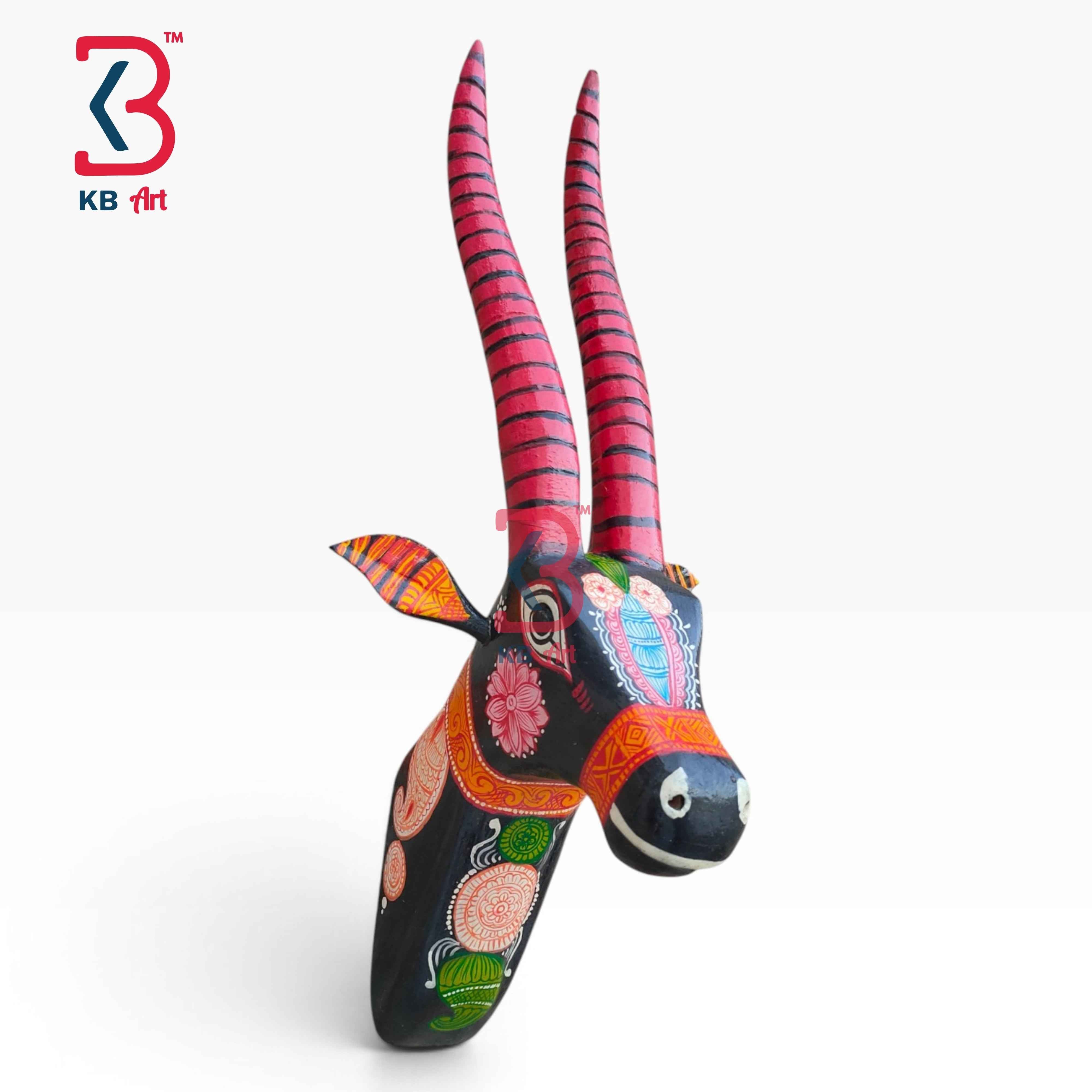 KB ART 18 Inch Handcrafted Wooden Deer Head Wall Hanging Midnight Black Striped Horns Grand Wall Decor
