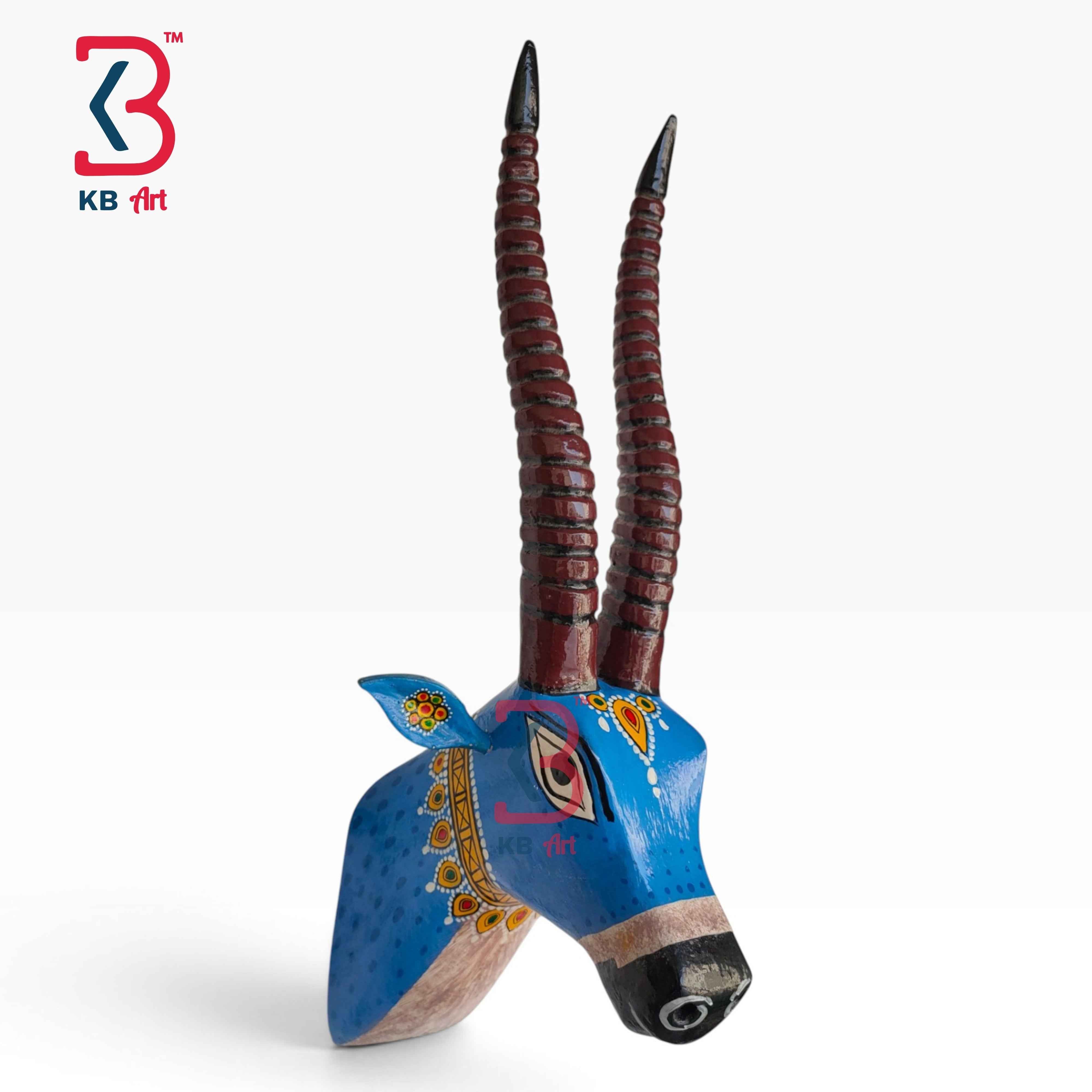 KB ART 18 Inch Handcrafted Wooden Deer Head Wall Hanging Cobalt Blue Gilded Harness Spiral Horns Wall Decor