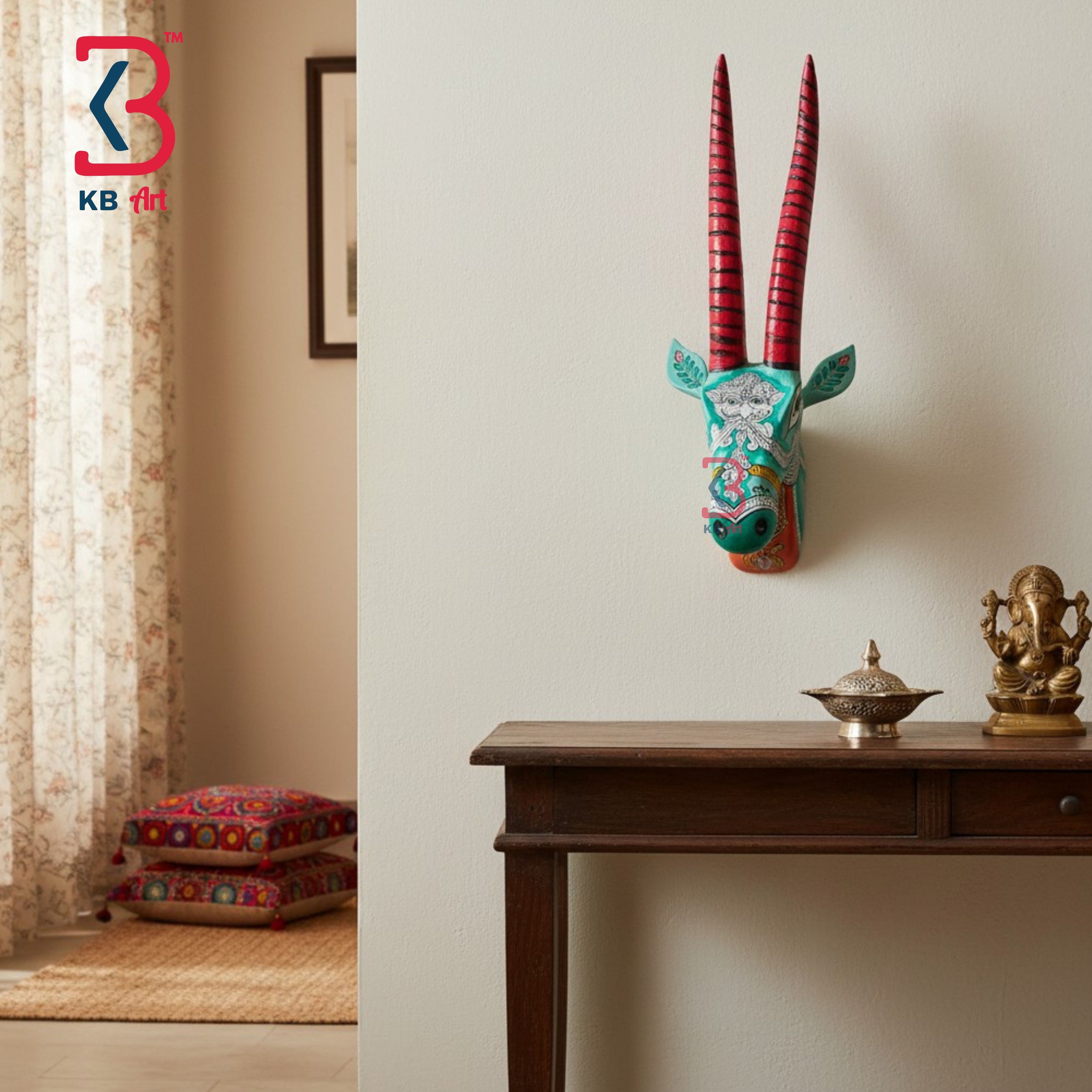 18 Inch Handcrafted Wooden Deer Head Wall Hanging Mint Turquoise Tribal Lace Spiral Horns Wall Decor | Handcrafted by KB ART, Jodhpur