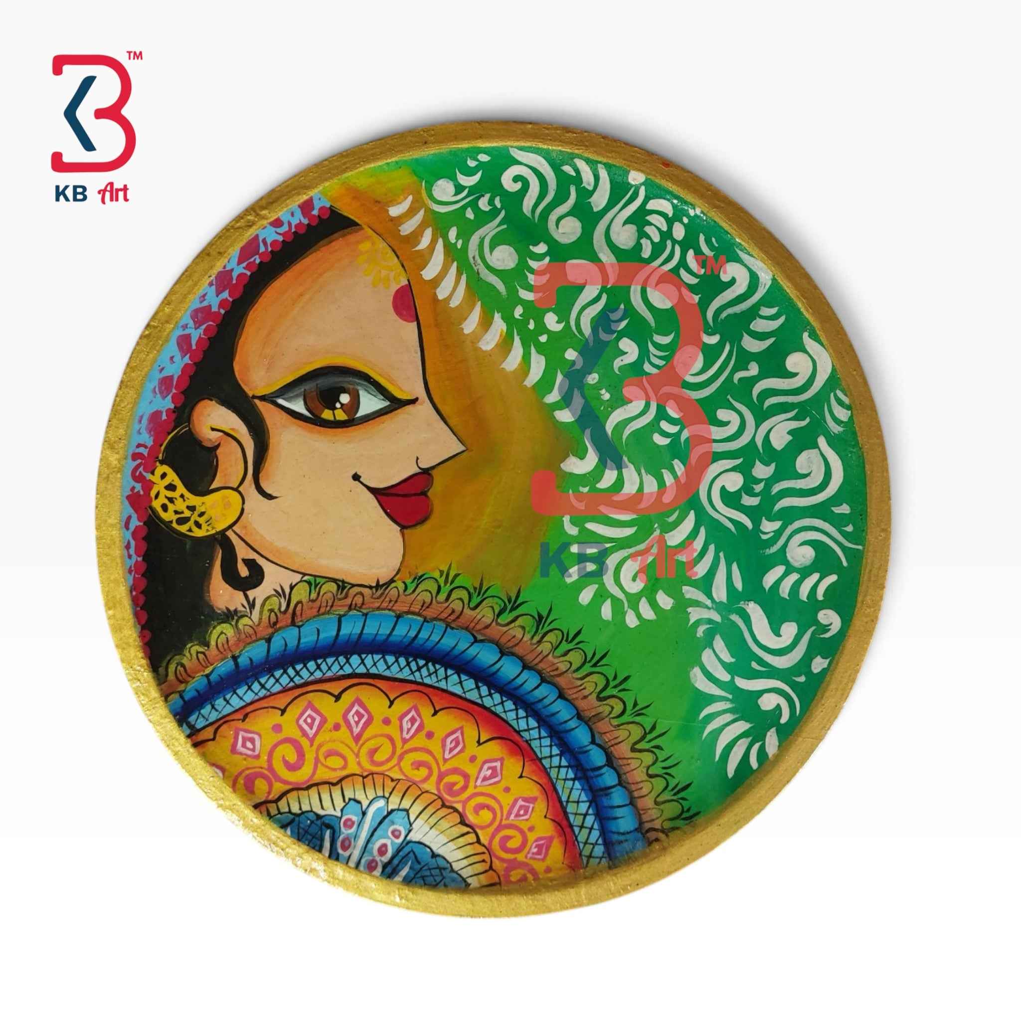 KB ART 12 Inch Handcrafted Wooden Wall Plate Modern Indian Woman Portrait Green Mandala Folk Art Wall Decor