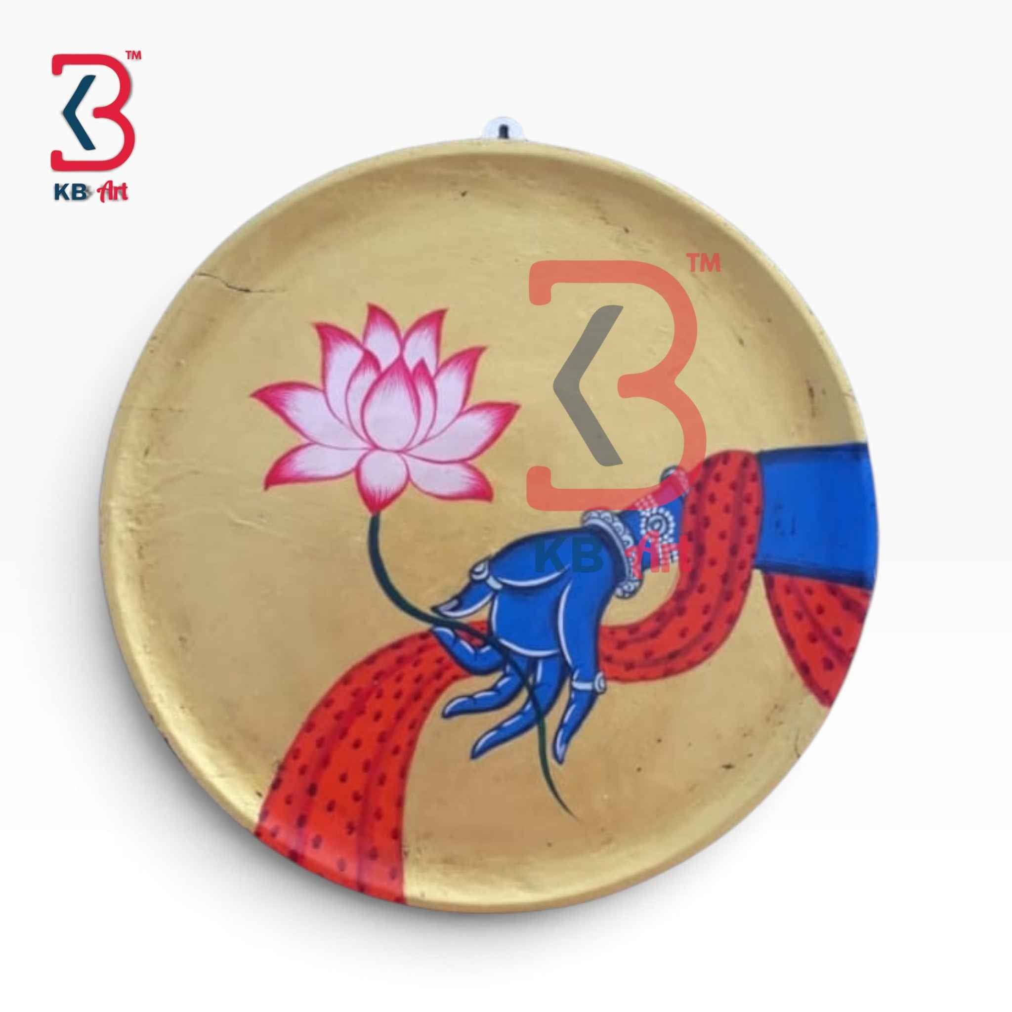 KB ART 12 Inch Handcrafted Wooden Wall Plate Pichwai Krishna Kamal Hasta Gold Sacred Wall Decor