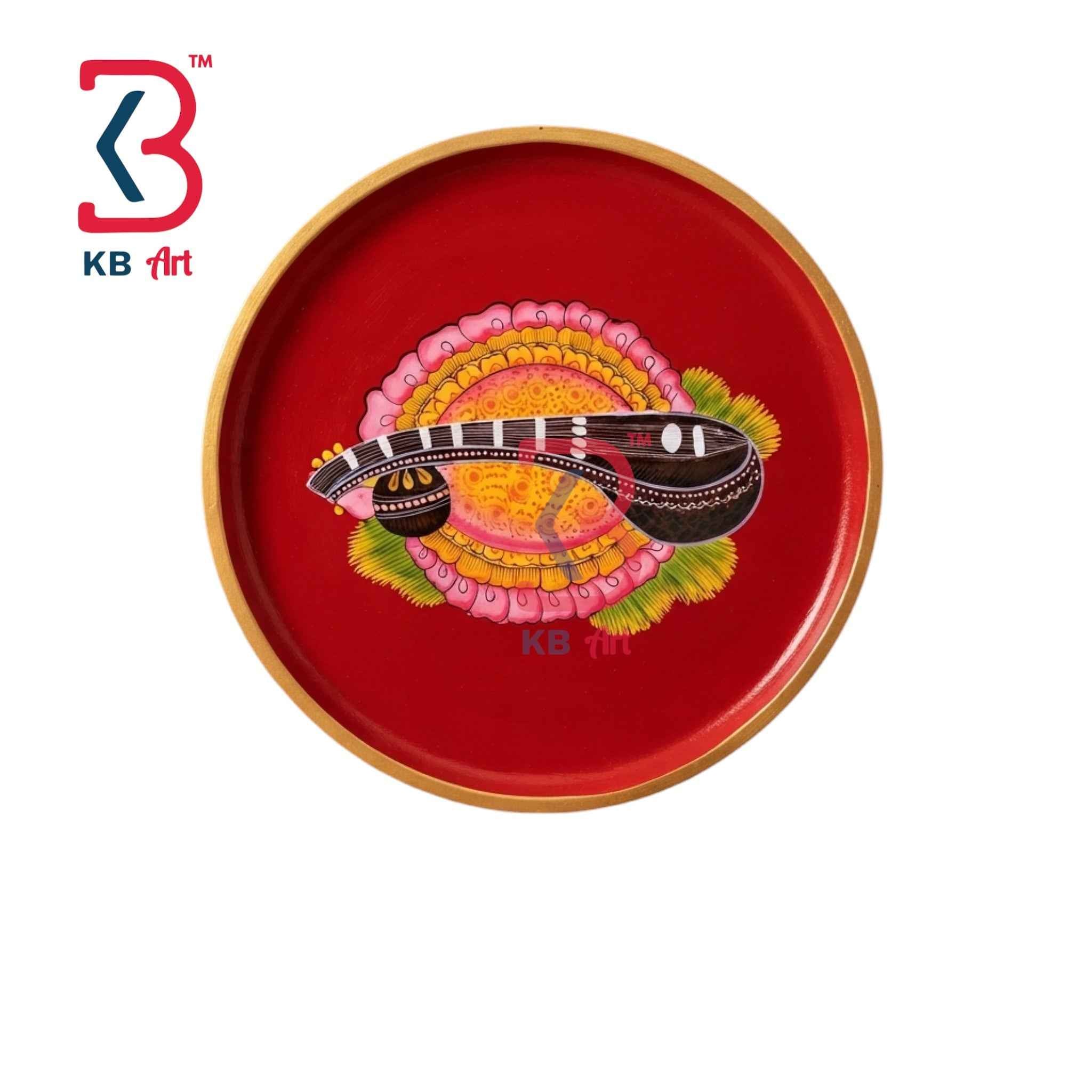 KB ART 12 Inch Handcrafted Wooden Wall Plate Sacred Saraswati Veena Mandala Crimson Red Wall Decor