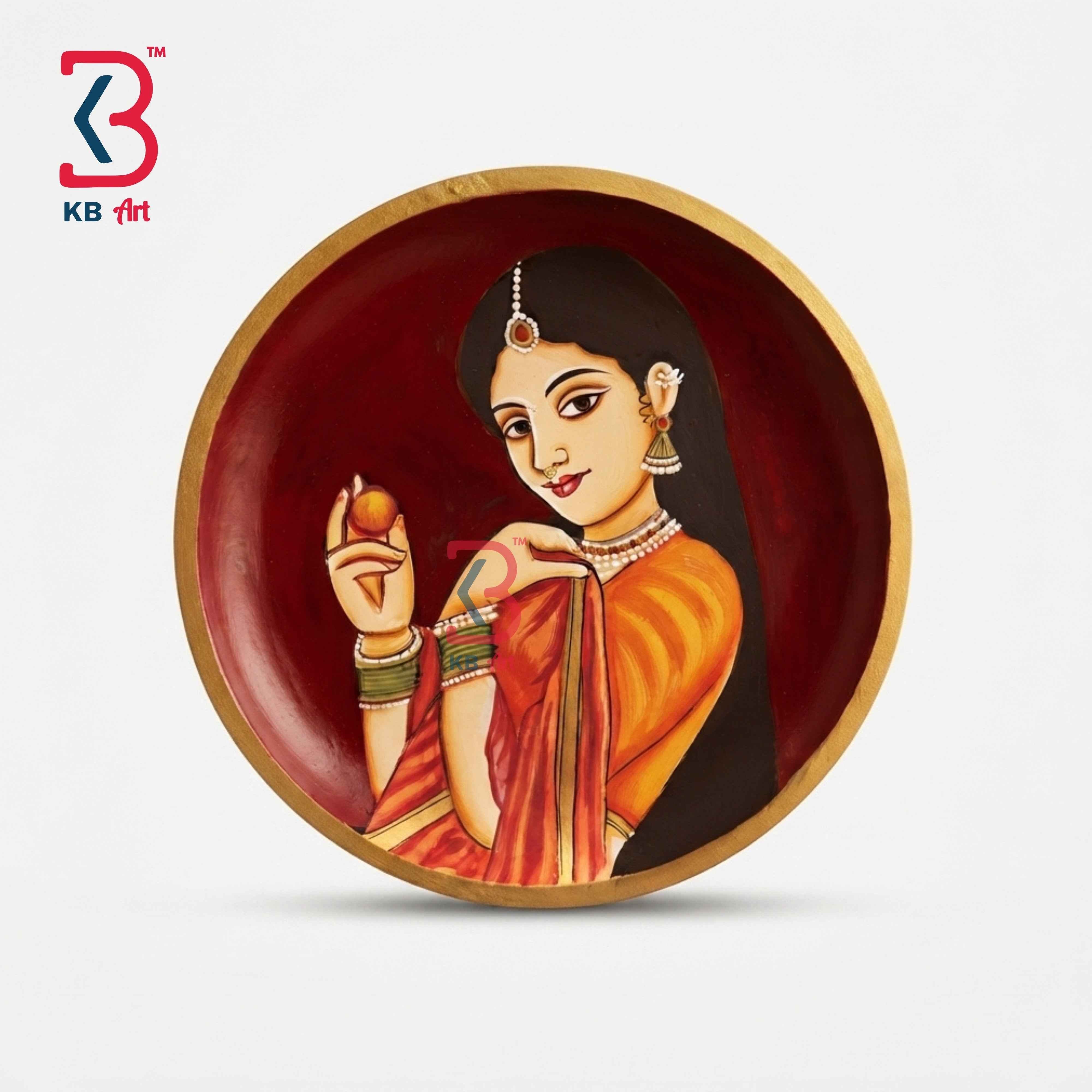 KB ART 12 Inch Handcrafted Wooden Wall Plate Royal Rajasthani Nayika Crimson Red Traditional Wall Decor
