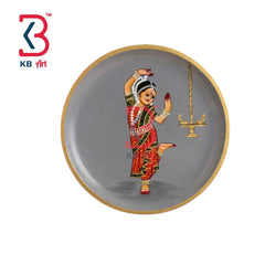KB ART 12 Inch Handcrafted Wooden Wall Plate Bharatanatyam Dancer Temple Deepam Slate Grey Wall Decor