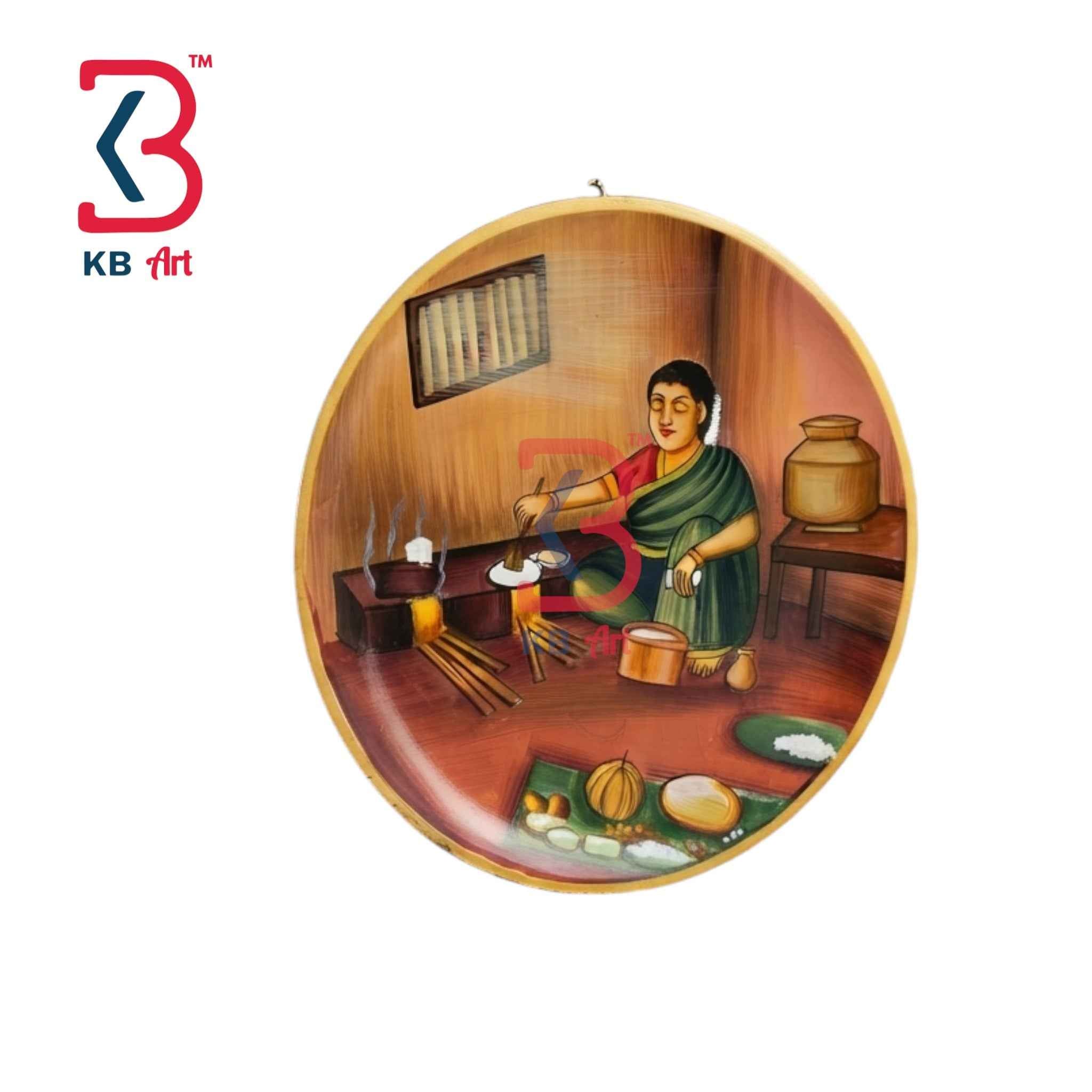 KB ART 12 Inch Handcrafted Wooden Wall Plate Rural Indian Kitchen Chulha Cooking Traditional Wall Decor
