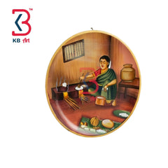 KB ART 12 Inch Handcrafted Wooden Wall Plate Rural Indian Kitchen Chulha Cooking Traditional Wall Decor