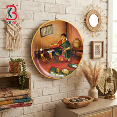 KB ART 12 Inch Handcrafted Wooden Wall Plate Rural Indian Kitchen Chulha Cooking Traditional Wall Decor