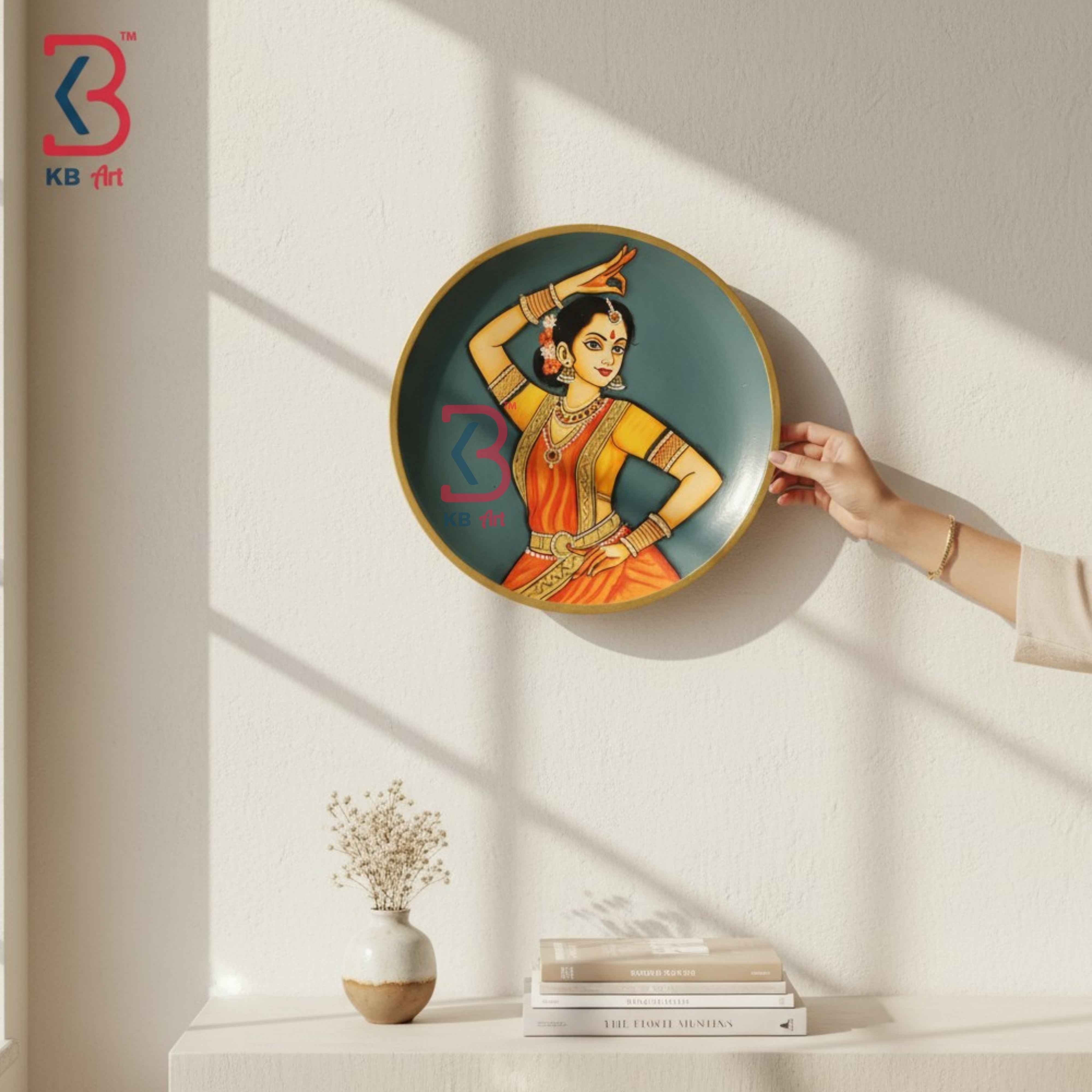 KB ART 12 Inch Handcrafted Wooden Wall Plate Classical Dancer Hasta Mudra Slate Grey Traditional Wall Decor