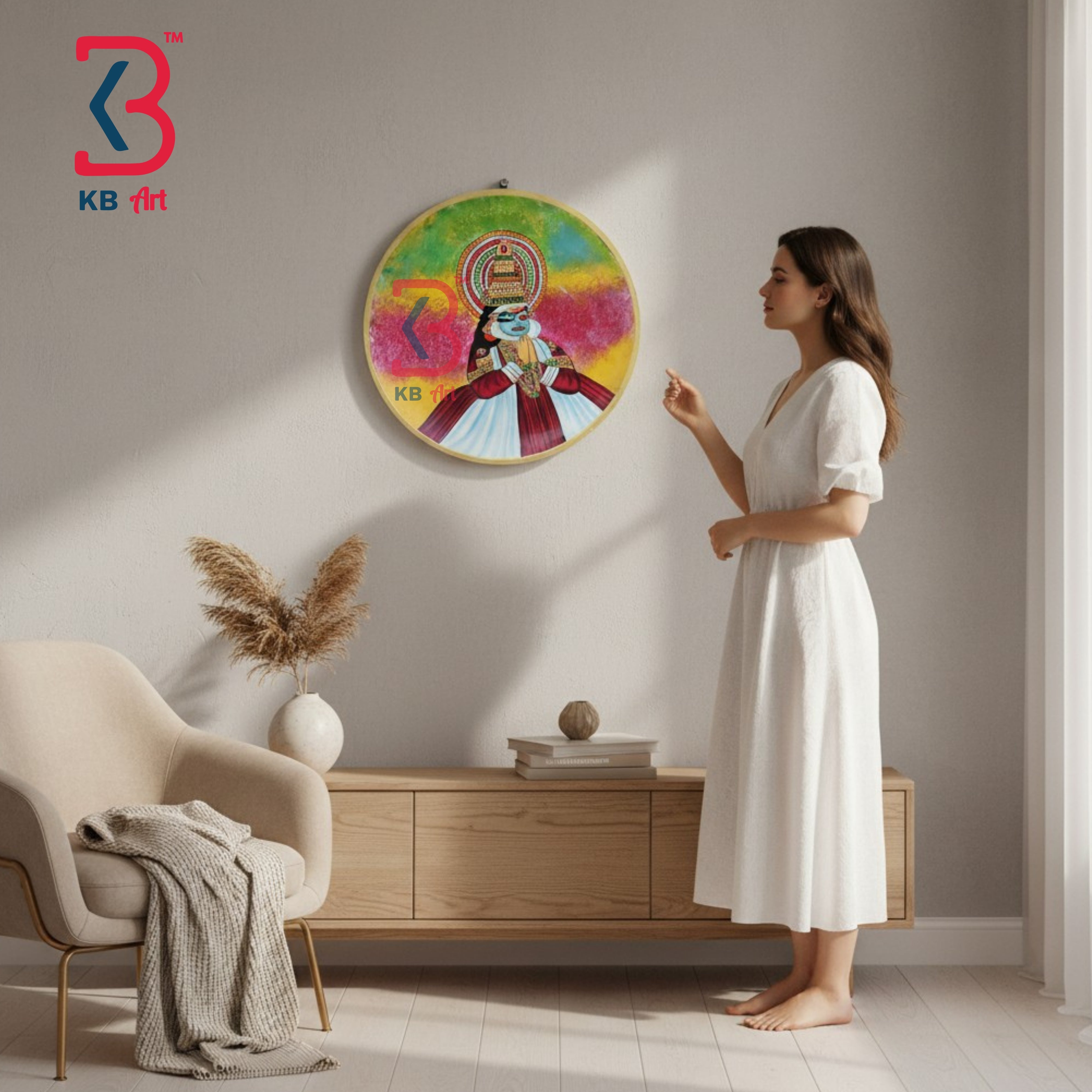 KB ART Handcrafted round wood 12 inch wall plate art kathak mask – original product photo on white background