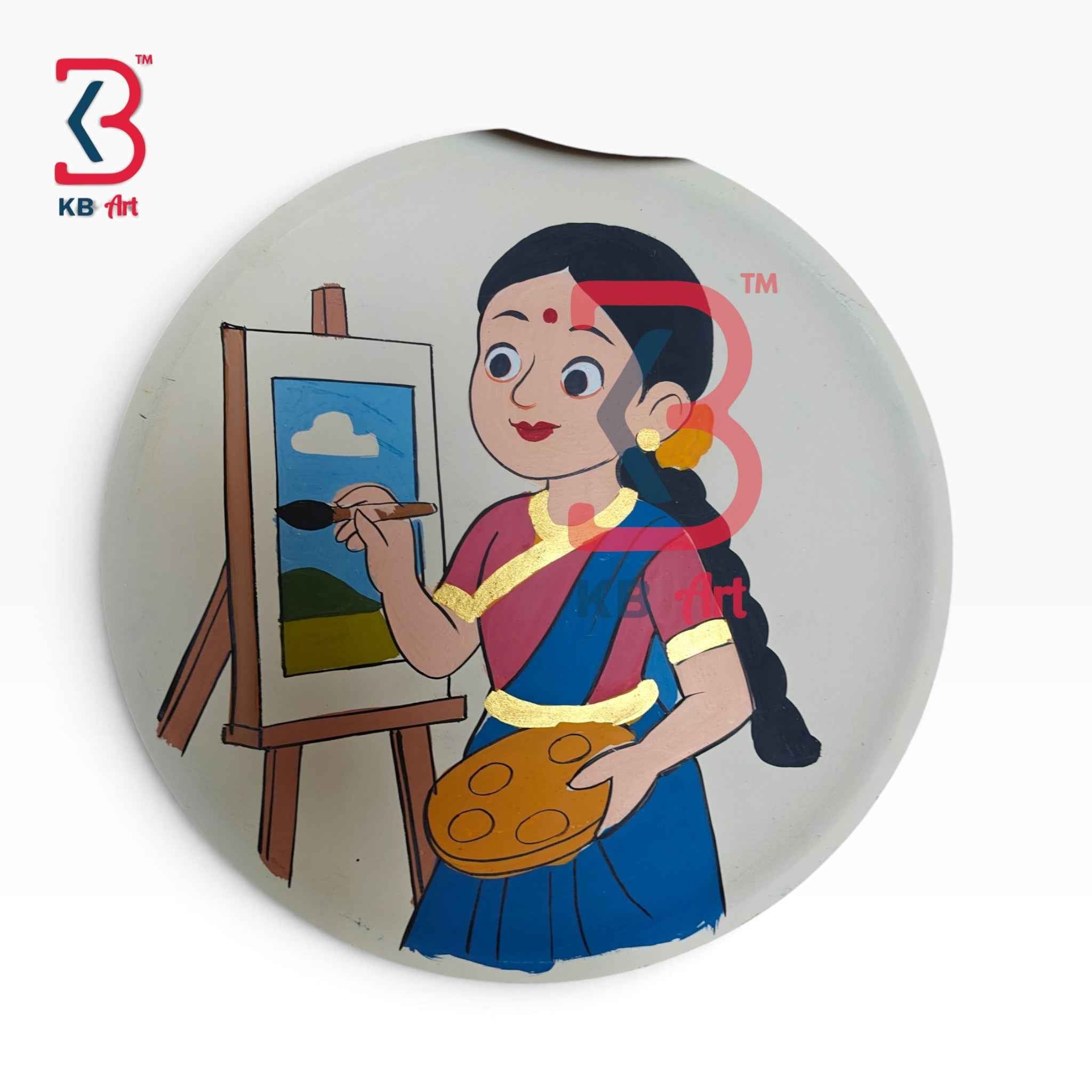 KB ART 12 Inch Handcrafted Wooden Wall Plate Girl Artist Painting Easel Modern Folk Wall Decor