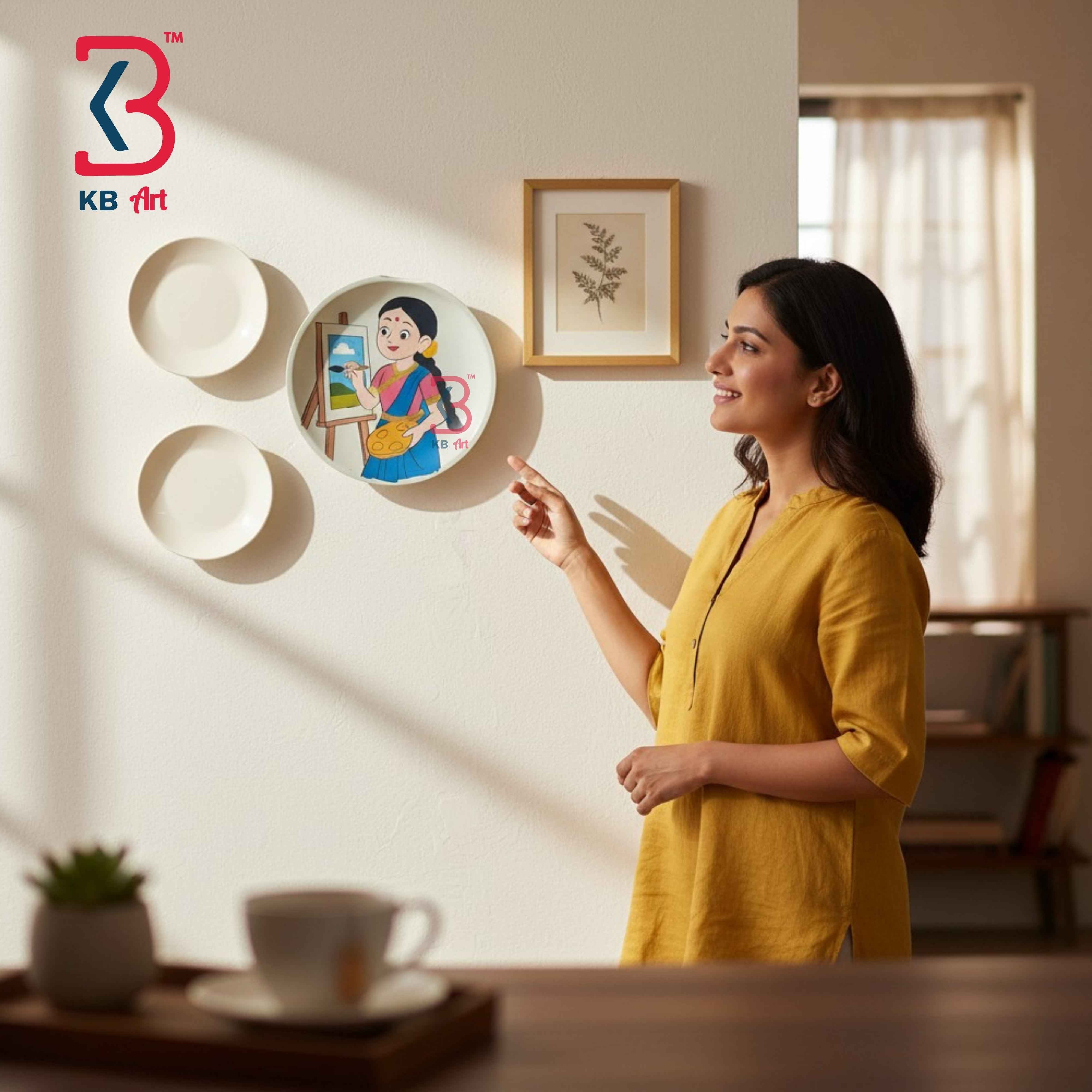 KB ART 12 Inch Handcrafted Wooden Wall Plate Girl Artist Painting Easel Modern Folk Wall Decor