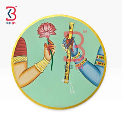 KB ART 12 Inch Handcrafted Wooden Wall Plate Pichwai Radha Krishna Hands Mint Green Traditional Wall Decor